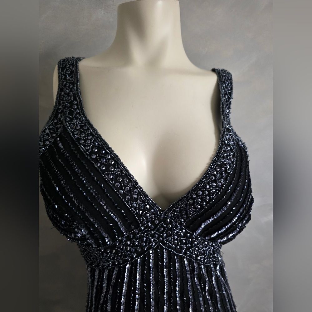 Black Fully Sequin Beaded Flapper Style Cocktail Dress Sleeveless Silk Sz 14 - Picture 3 of 16